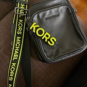 Michael Kors Black Leather Crossbody with Neon Yellow Accent